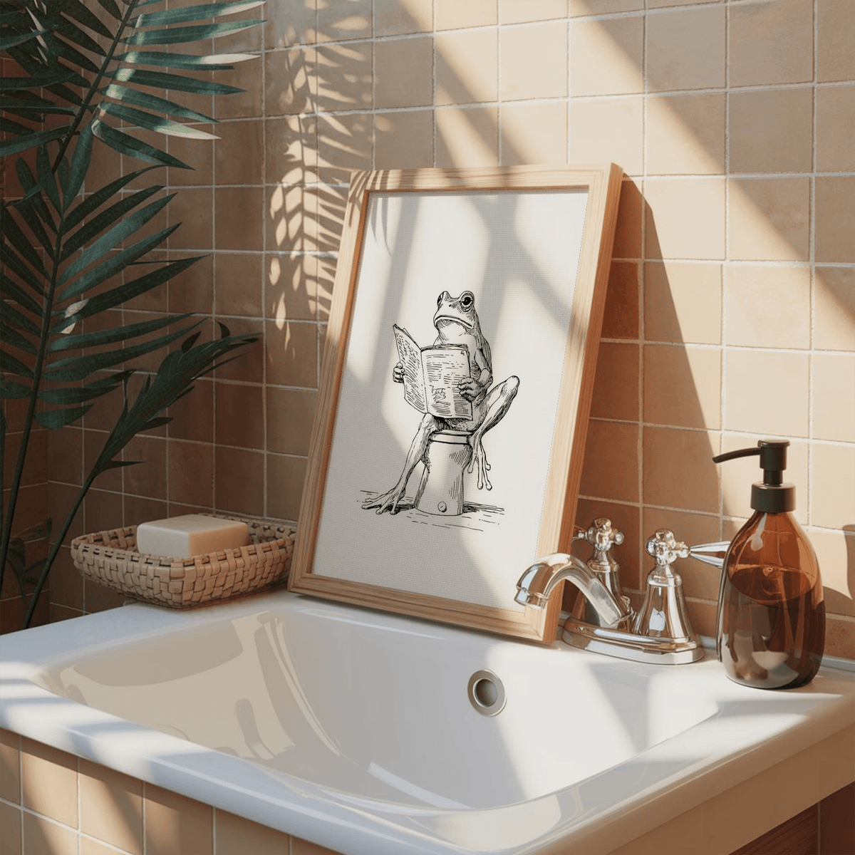 Hand-drawn amphibian reading a book poster with sketch linework