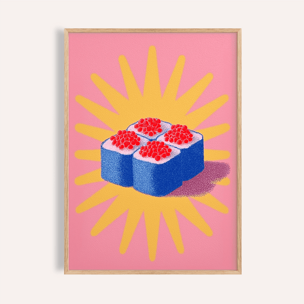 Sushi Poster in Blue, Yellow, Pink for kitchen wall art
