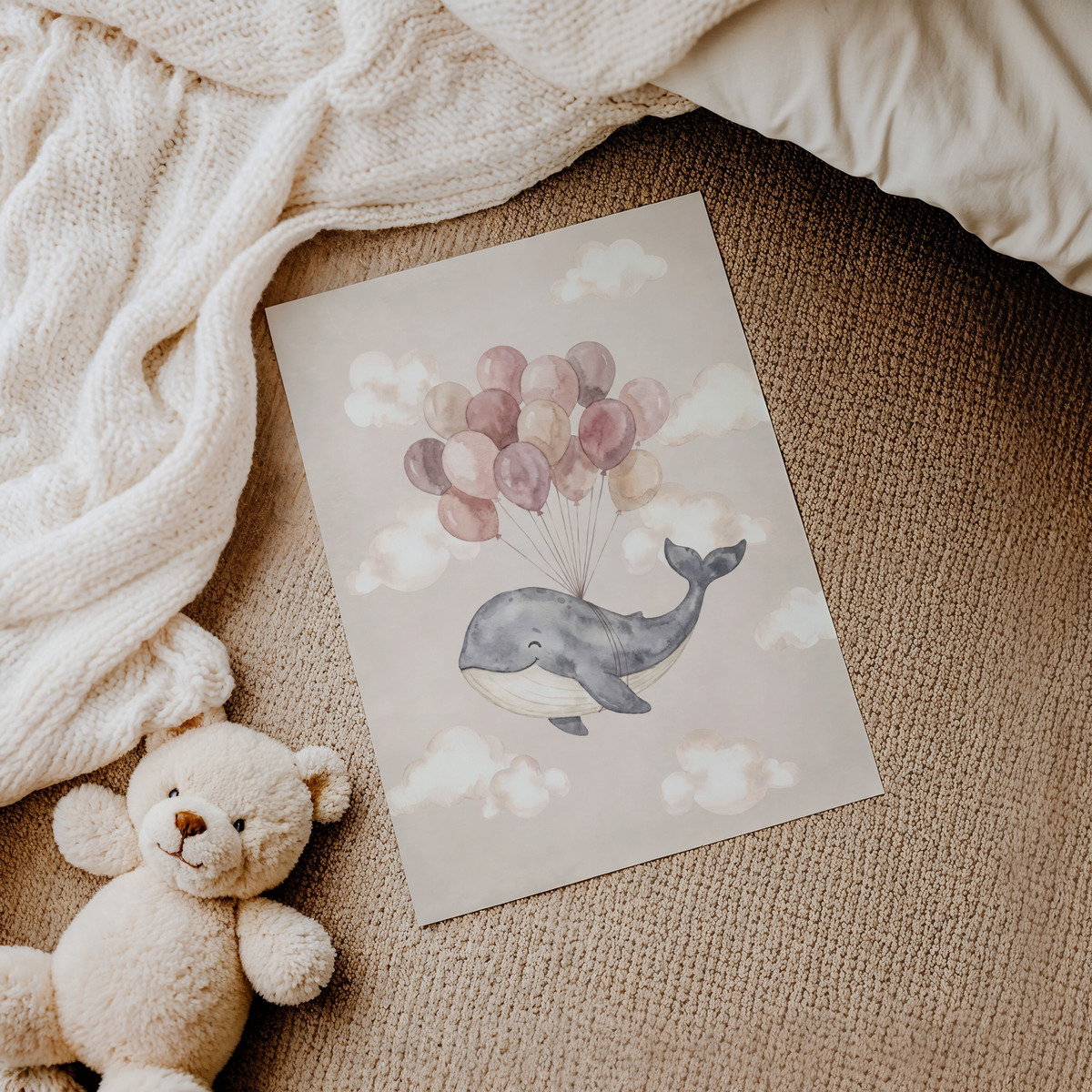Soft watercolor whale print drifting beneath pastel balloons and clouds