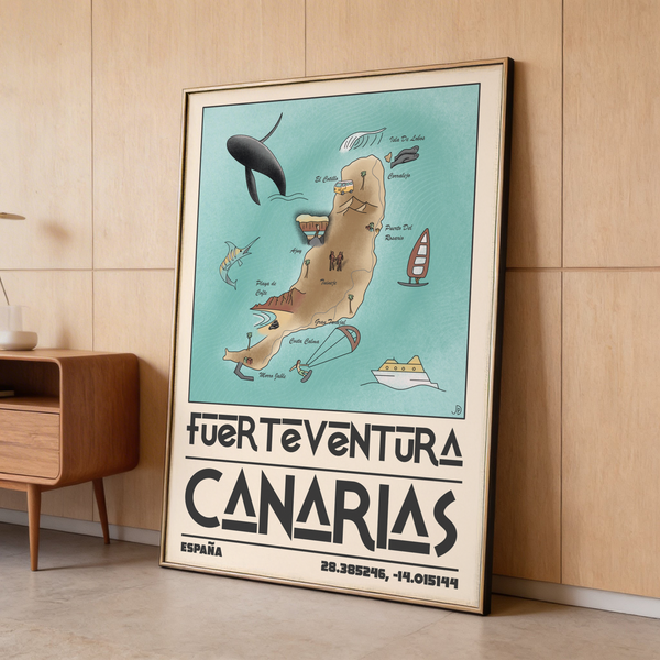 Framed Canary Islands Wall Art in hallway displaying island silhouette with large CANARIAS typography