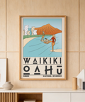 Hawaii Travel Poster featuring bold WAIKIKI OAHU text and city skyline