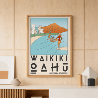 Hawaii Travel Poster featuring bold WAIKIKI OAHU text and city skyline