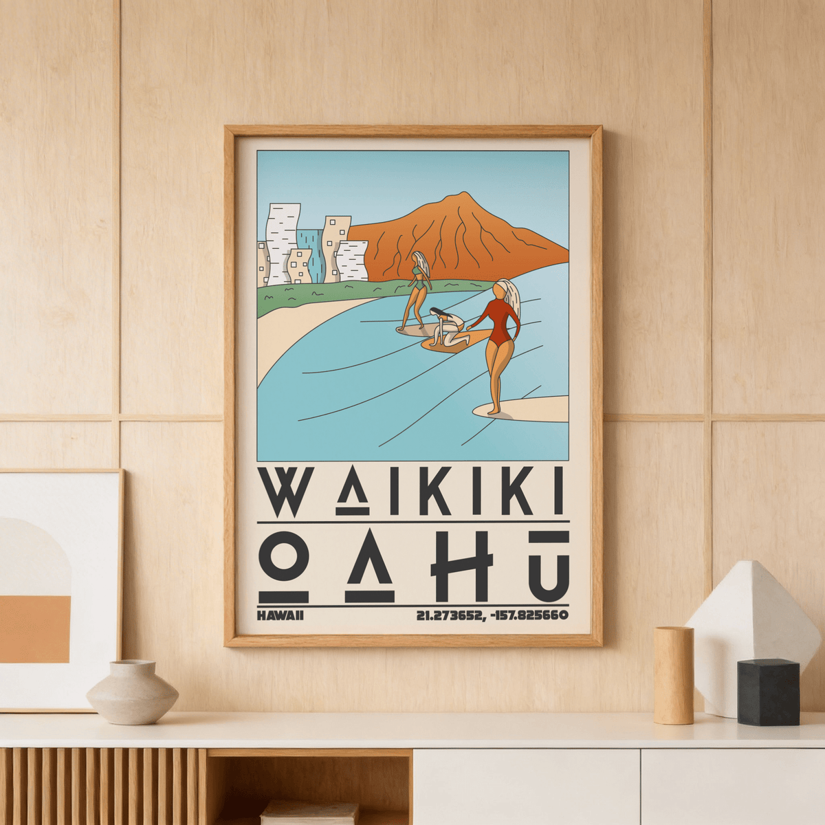 Hawaii Travel Poster featuring bold WAIKIKI OAHU text and city skyline