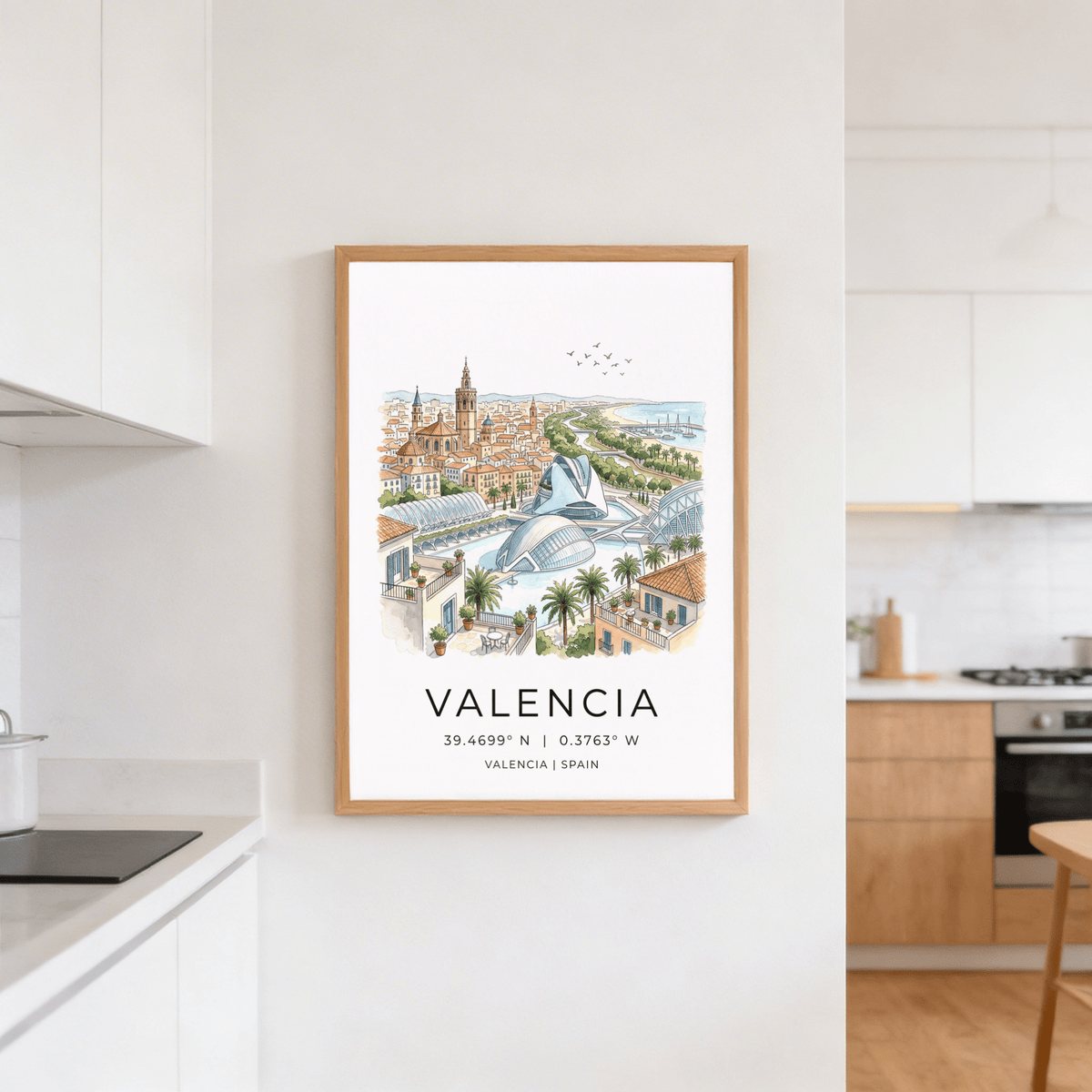 Spanish Landscape Poster showing Valencia cityscape, palm-lined river, and arched bridges
