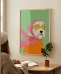 Colorful Funny Pet Poster with main colors White, Pink, Orange, Green for hallway wall art