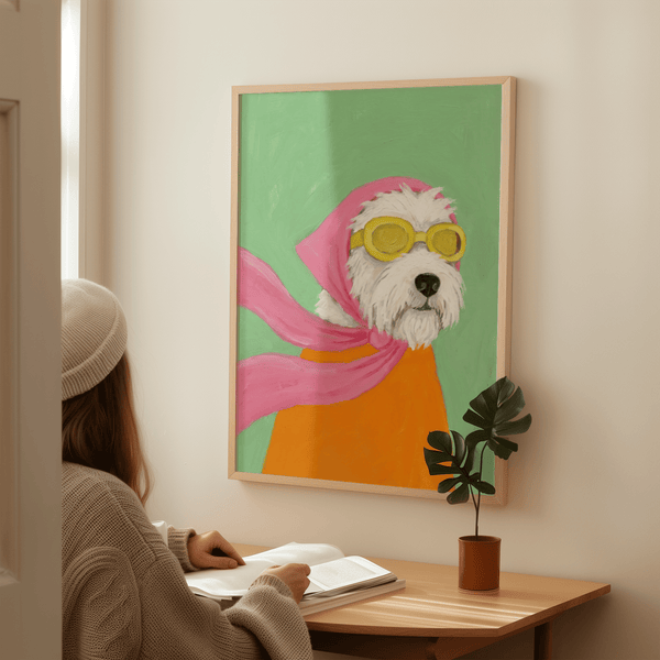 Colorful Funny Pet Poster with main colors White, Pink, Orange, Green for hallway wall art