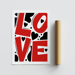 Clean typography wall art print with oversized LOVE letters and surrounding symbols
