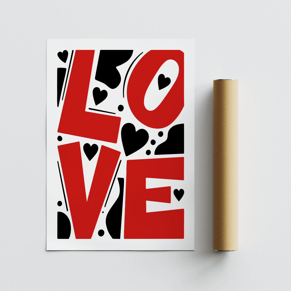 Clean typography wall art print with oversized LOVE letters and surrounding symbols