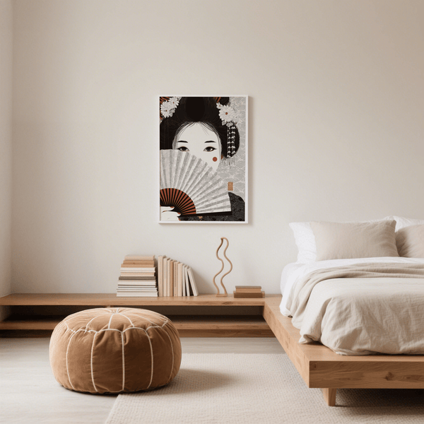 Japanese Geisha Art Print with elegant red and gray, perfect for den decor