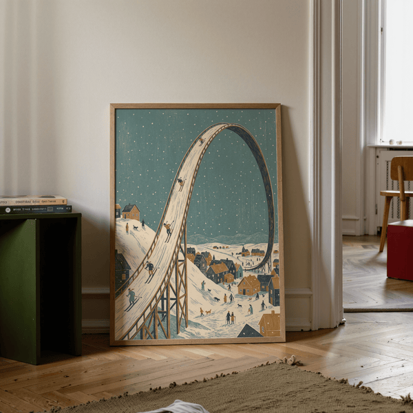 Winter Skiing Art Print in beige and blue, cozy family room decor piece