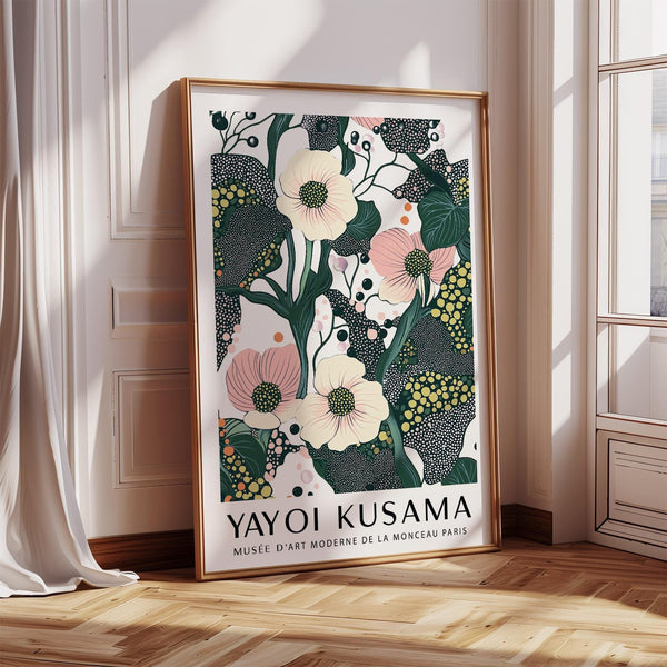 Green pink wall art with soft blush flowers and bold dotted leaves