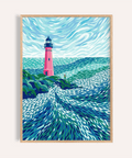 Modern Lighthouse Art print in Blue, Pink, and Green for living room wall art