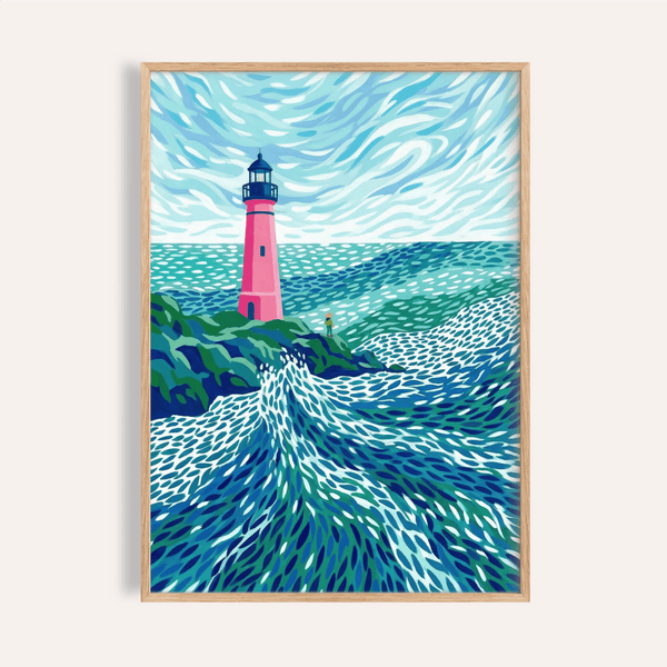 Modern Lighthouse Art print in Blue, Pink, and Green for living room wall art
