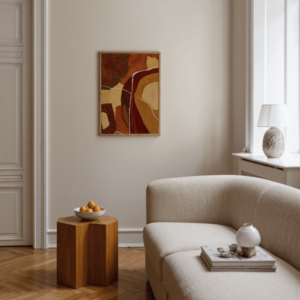 Abstract Earth Tones Print featuring warm orange and brown in bedroom decor