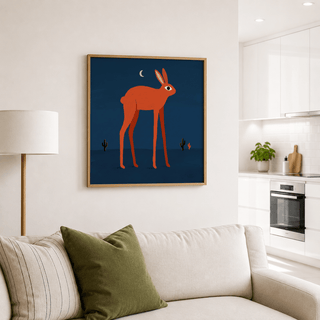 Flat-shape illustration print of a rabbit standing in a simple landscape