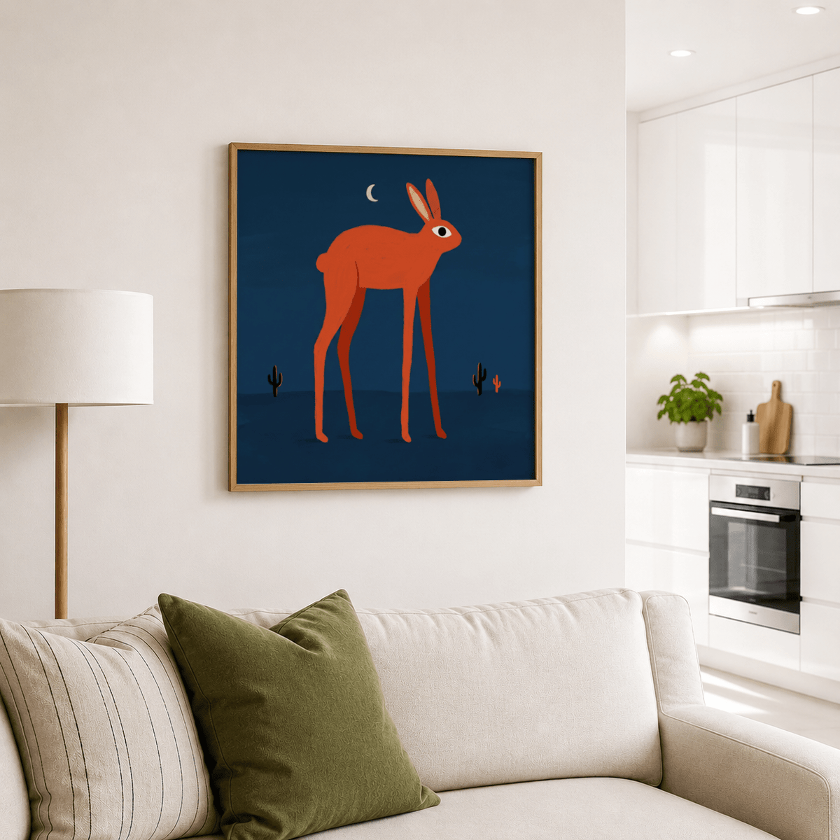 Flat-shape illustration print of a rabbit standing in a simple landscape