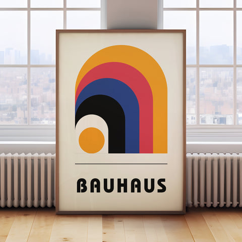 Minimalist Bauhaus arch poster in yellow, blue, red, and black for home interiors

