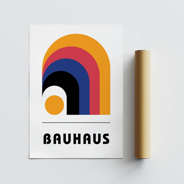 Bauhaus art posters in warm yellow, deep blue, and red tones
