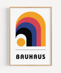 Minimalist Bauhaus arch poster in yellow, blue, red, and black for home interiors
