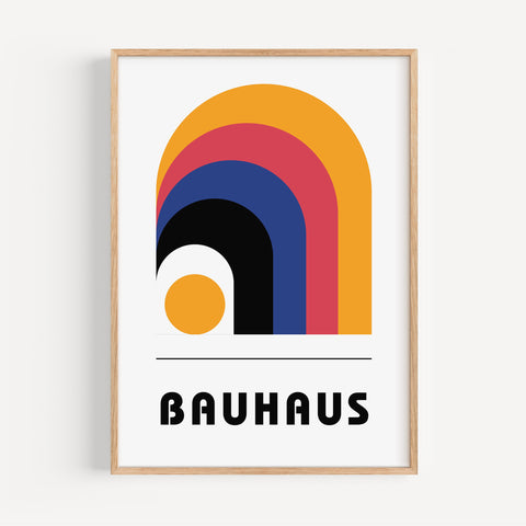 Minimalist Bauhaus arch poster in yellow, blue, red, and black for home interiors
