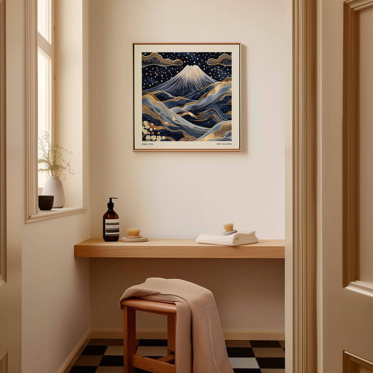 contemporary blue and gold wall art with deep navy tones