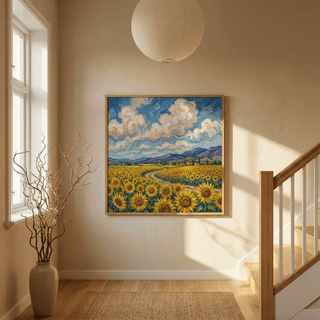 Nature-inspired Sunflower Field Poster for dining room wall art in Yellow and Multicolored
