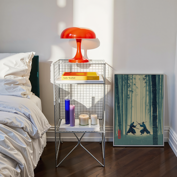 Crossed swords silhouette artwork set against vertical bamboo stalks