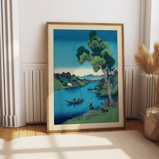 Hasui Kawase bay print poster showing boats near the shore