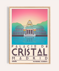 Palacio De Cristal Print travel poster with glass-domed roof and water reflection