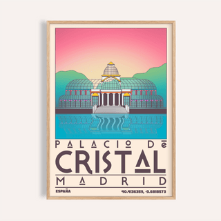Palacio De Cristal Print travel poster with glass-domed roof and water reflection