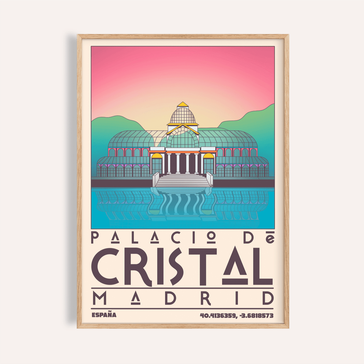 Palacio De Cristal Print travel poster with glass-domed roof and water reflection