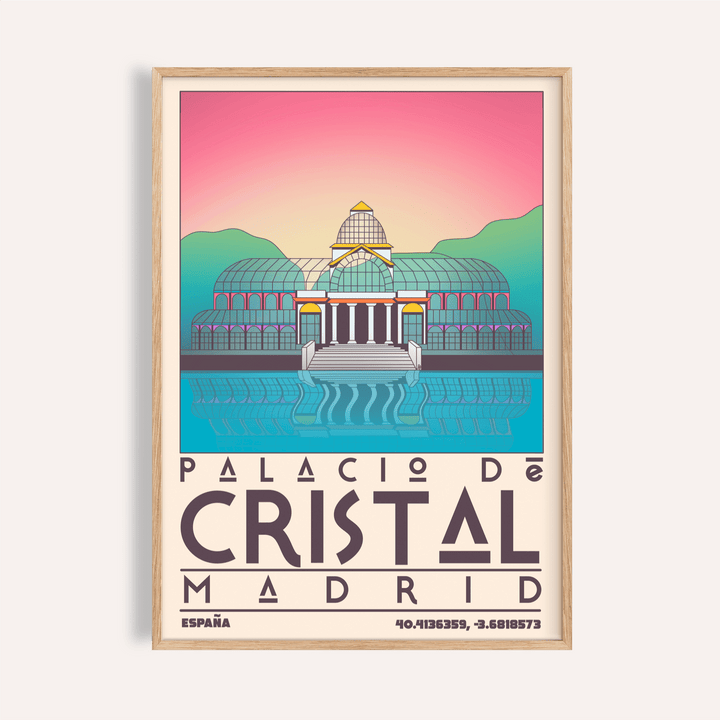 Palacio De Cristal Print travel poster with glass-domed roof and water reflection