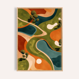 Aerial view course illustration with winding fairways and pond shapes in orange, blue, green, and beige