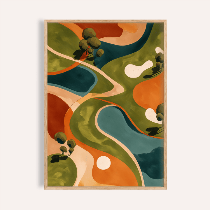 Aerial view course illustration with winding fairways and pond shapes in orange, blue, green, and beige