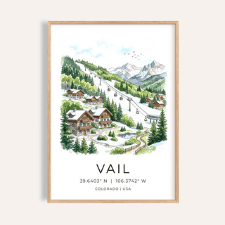 Vail Colorado Wall Art depicting ski gondola above chalet village illustration