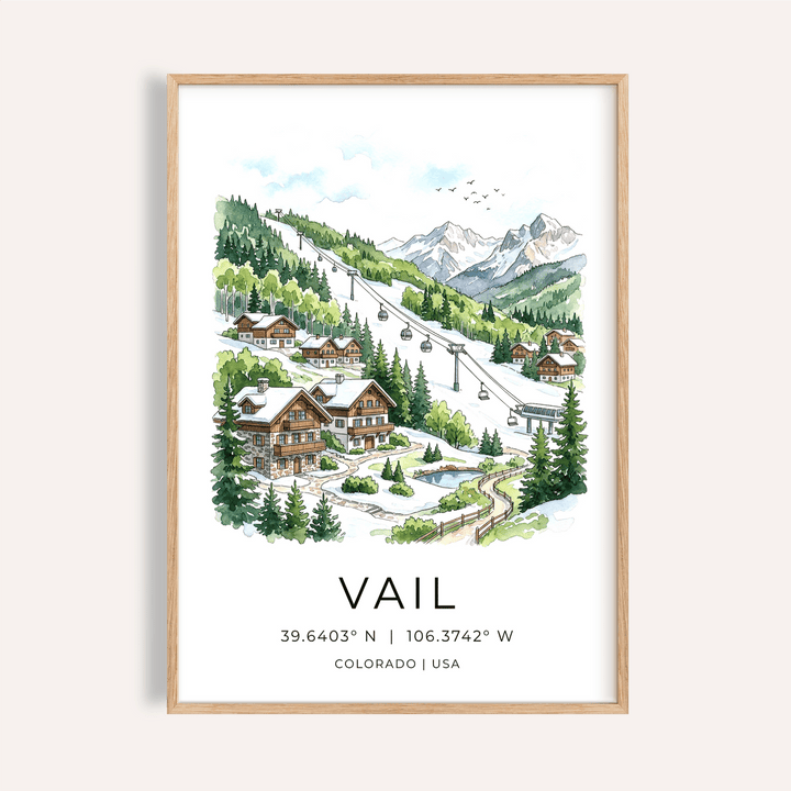 Vail Colorado Wall Art depicting ski gondola above chalet village illustration