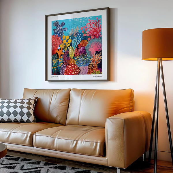 Modern under sea poster with orange, red, and blue coral structures in a vibrant reef.