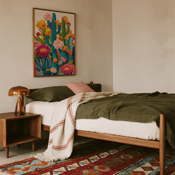 Cactus Flower Art Print in bright orange and pink for office wall art