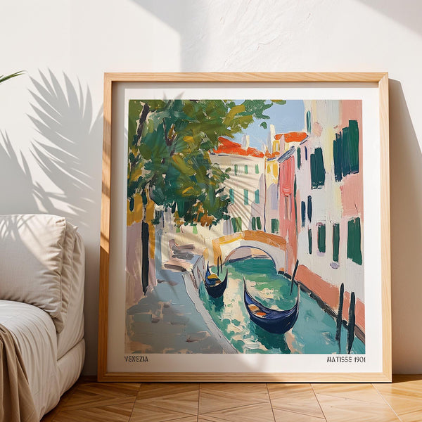 Matisse-style Venice Wall Art with pastel buildings, arched bridge, and leafy trees.