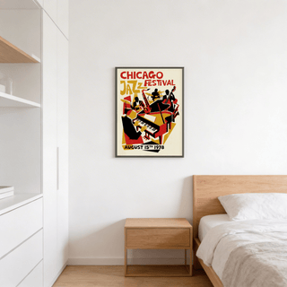 Close-up of jazz festival poster wall art with large “JAZZ” text and instrument silhouettes