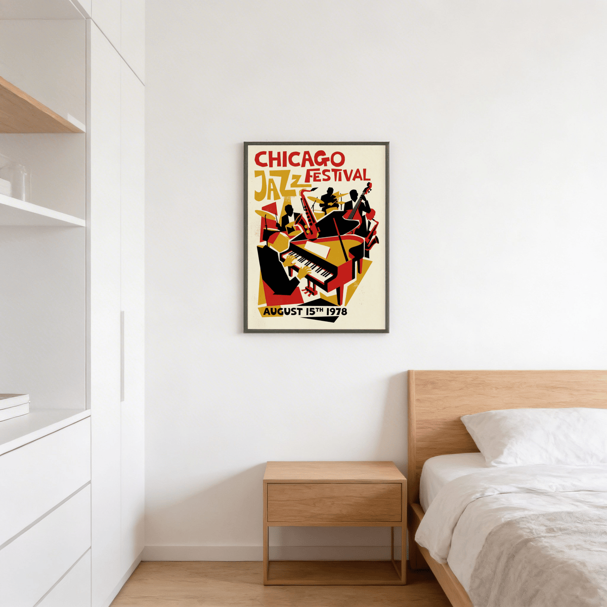 Close-up of jazz festival poster wall art with large “JAZZ” text and instrument silhouettes