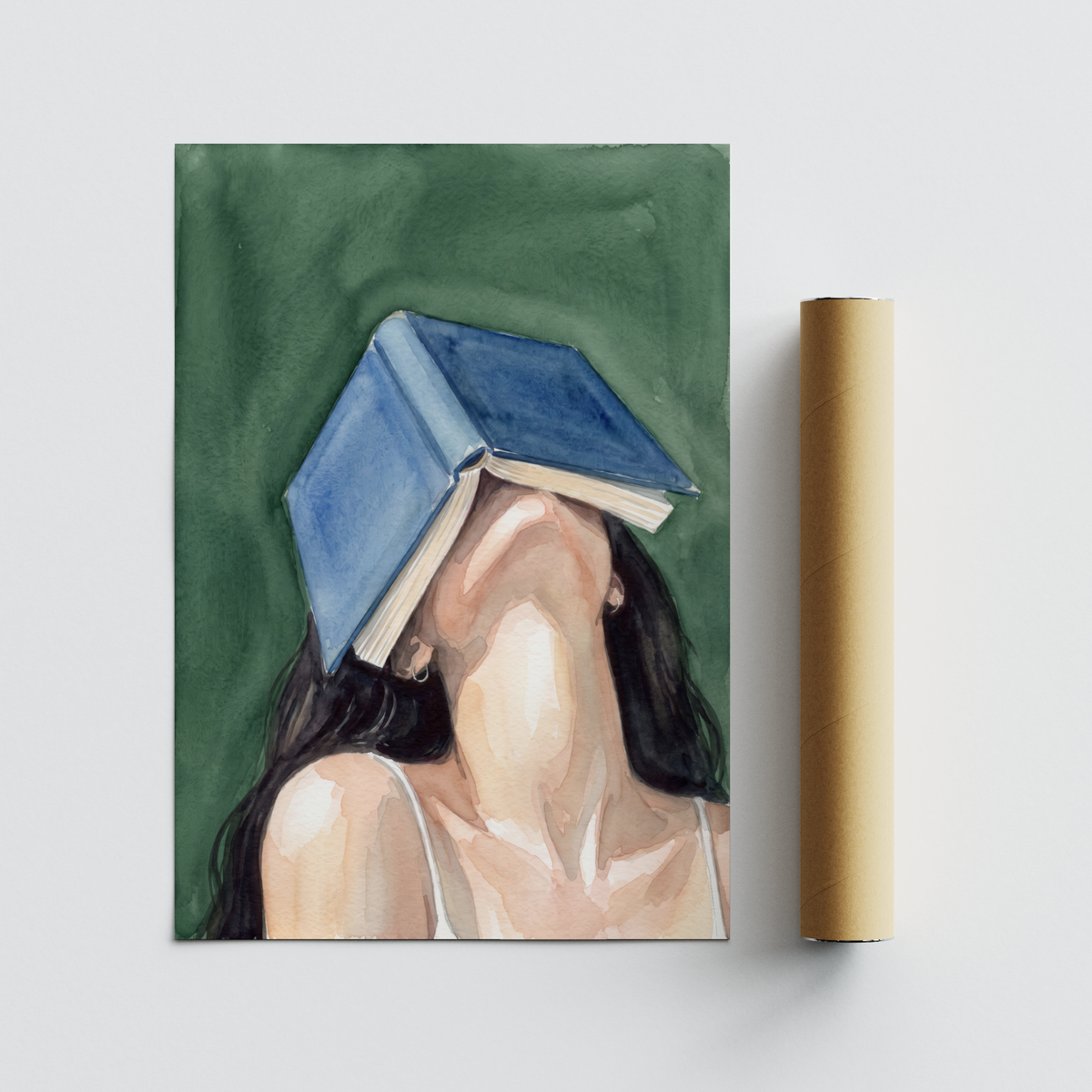 Modern figure wall art print with cropped composition, negative space background, and open book motif