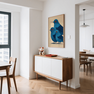 Modern animal wall art featuring three blue birds with round red eyes and subtle grain texture
