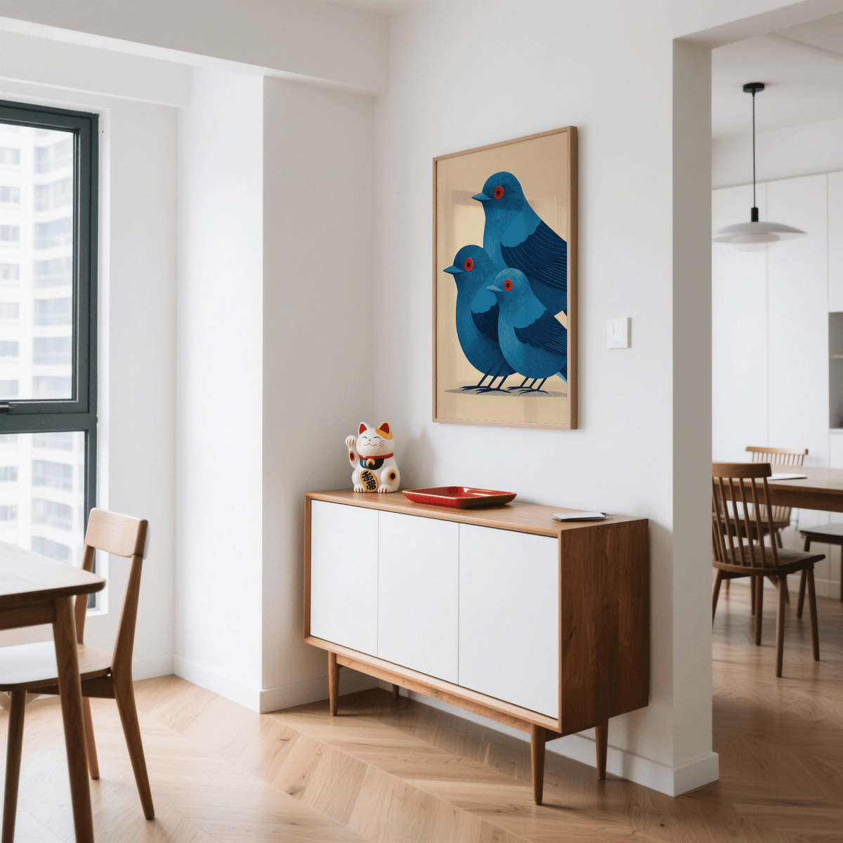 Modern animal wall art featuring three blue birds with round red eyes and subtle grain texture