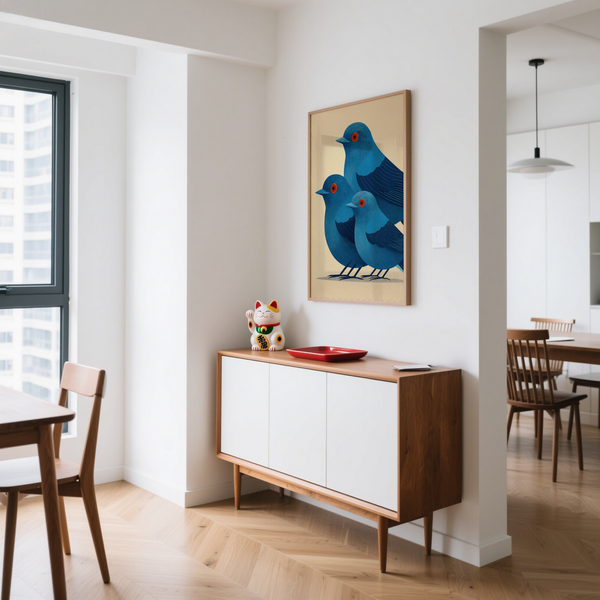 Modern animal wall art featuring three blue birds with round red eyes and subtle grain texture