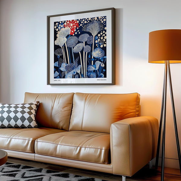 Graphic mushroom print in Red and Blue Art with ivory accents