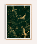 Cranes Gold Art Print showing three cranes flying over dotted sky