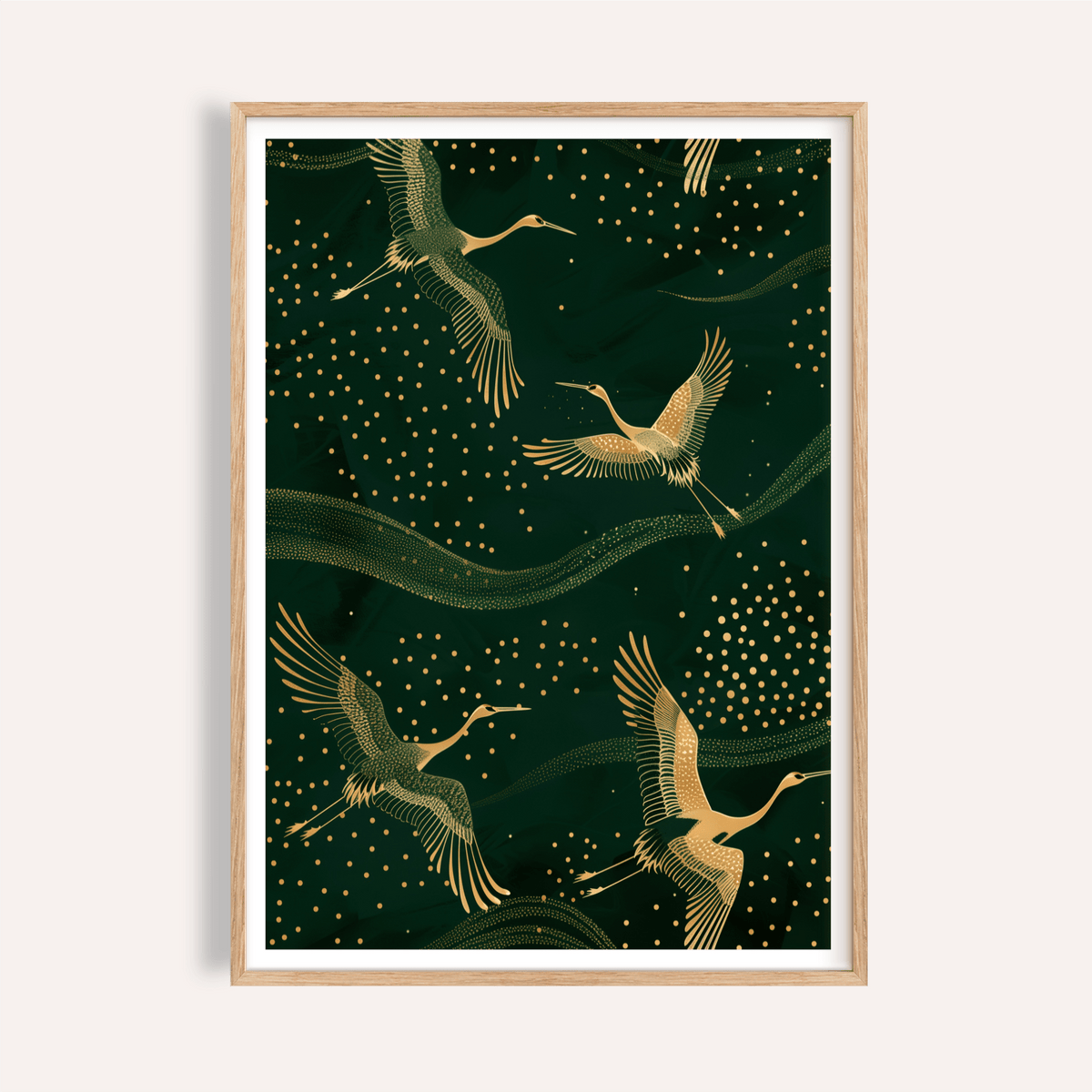Cranes Gold Art Print showing three cranes flying over dotted sky