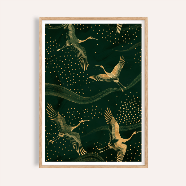 Cranes Gold Art Print showing three cranes flying over dotted sky