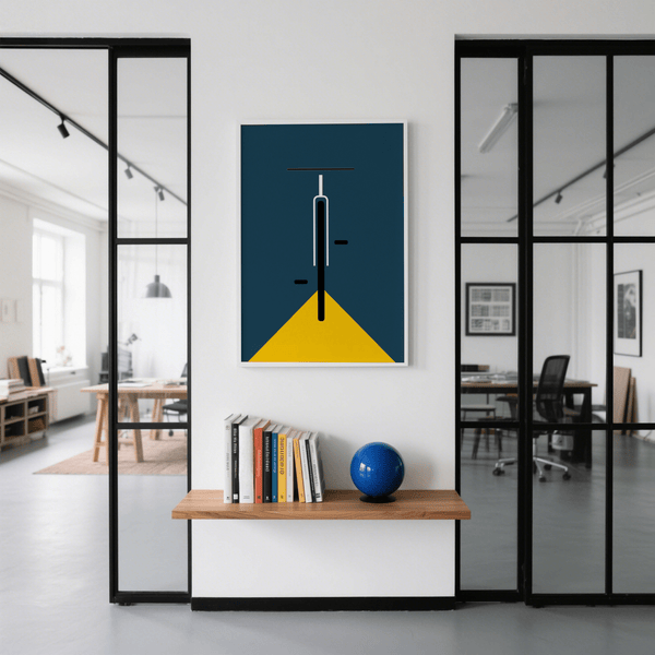 Minimal Bike Poster in yellow and blue for stylish living room décor
